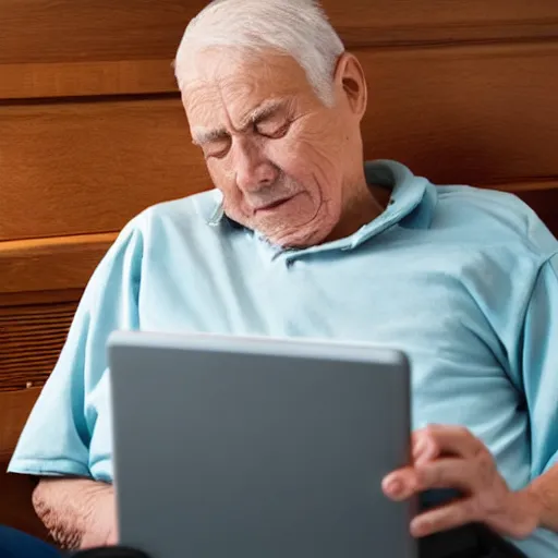 Image similar to casket with elderly man who is browsing internet on laptop from a casket