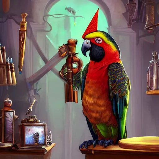 Image similar to Anthropomorphized parrot trader in his shop, portrait, items, weapons, magic potions, trinkets, carpet, lamps, window, fancy hat, sly expression, cunning expression, cute expression, long thick shiny black beak, D&D, fantasy, cinematic lighting, highly detailed, digital painting, artstation, concept art, smooth, sharp focus, illustration, warm light, cozy warm tint, magic the gathering artwork, volumetric lighting, 8k, art by Greg Rutkowski