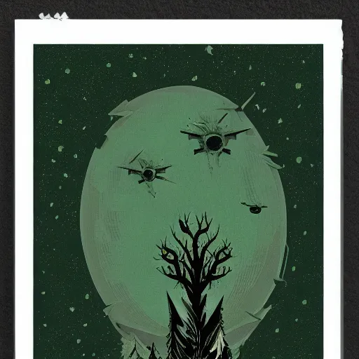 Image similar to Retro horror vintage sci-fi, 2D matte gouache illustration, dark green lush macabre woods, ornate, detailed, majestic