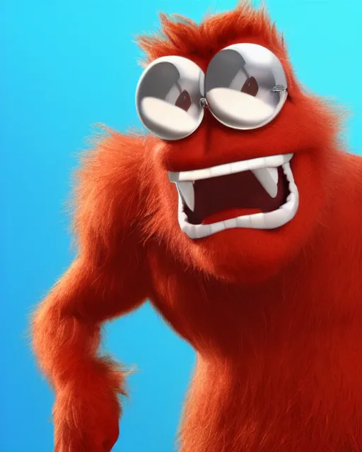 Image similar to 3 d render of completely red hairy friendly antropomorphic robust cartoony creature wearing chrome shades, without nose, full body, in the style of pixar, simple, cute, white background, unreal engine 5, octane render, highly detailed hdr