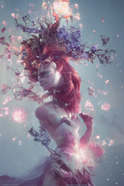 Image similar to beautiful girl necromancer exploding into flowers, 3 d render, hyper - realistic detailed portrait, holding electricity, ruan jia, wlop. scifi, fantasy, hyper detailed, octane render, concept art,