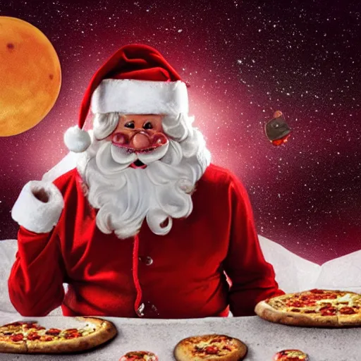 Prompt: santa clause eating pizza on mars