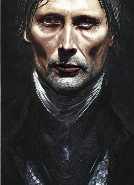Prompt: Portrait of Mads Mikkelsen as Dracula , the prince of darkness , lord of the vampires , marvel comics, dark, intricate, highly detailed, smooth, artstation, digital illustration by Ruan Jia and Mandy Jurgens and Artgerm and Wayne Barlowe and Greg Rutkowski and Frank Frazetta