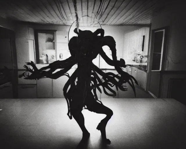 Image similar to horror demon evil transparent spirit attacks in kitchen interior photo shot on iphone, dynamic pose, middle body shot, sharp focus, grainy, corpse, paranormal flashlight, night, total darkness, poltergeist, aberrations,