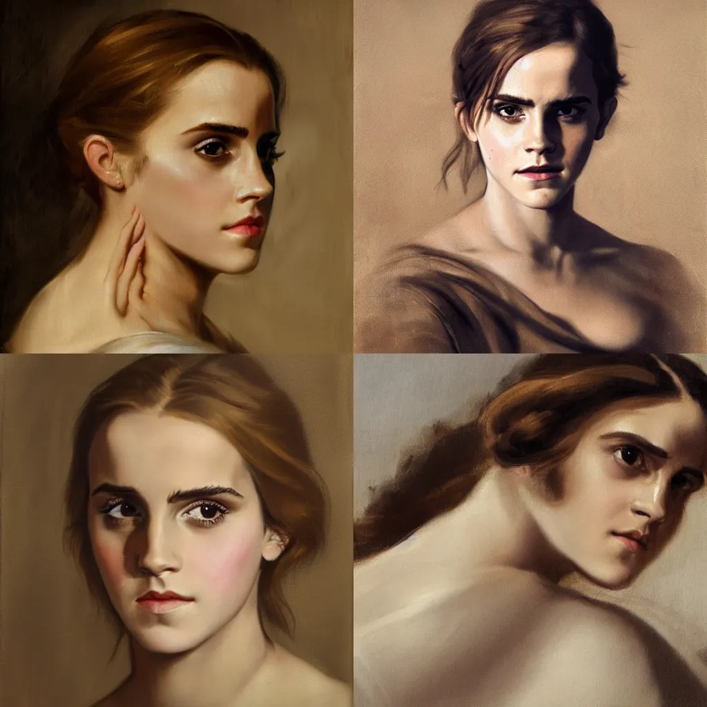 Prompt: A dramatic portrait painting of Emma Watson by Théodore Géricault, 4k, high resolution, highly detailed