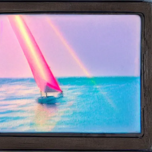 Image similar to a high fidelity pastel coloured Polaroid of a pink sail boat at sea, rainbow, volumetric light, god rays