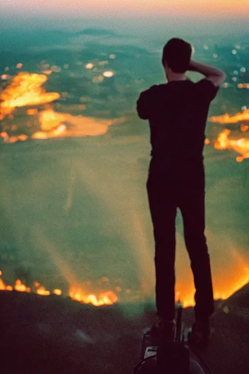 Prompt: agfa vista 4 0 0 photograph of a guy standing on top of a hill watching a city burn in the distance, back view, synth vibe, vaporwave colors, lens flare, moody lighting, moody vibe, telephoto, 9 0 s vibe, blurry background, grain, tranquil, calm, faded!,