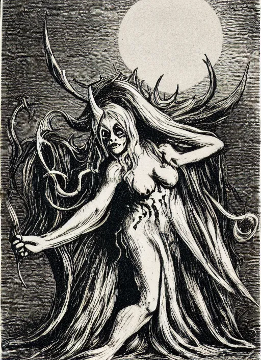 Prompt: ursula the sea witch as a demon from the dictionarre infernal, etching by louis le breton, 1 8 6 9, 1 2 0 0 dpi scan, ultrasharp detail, clean scan