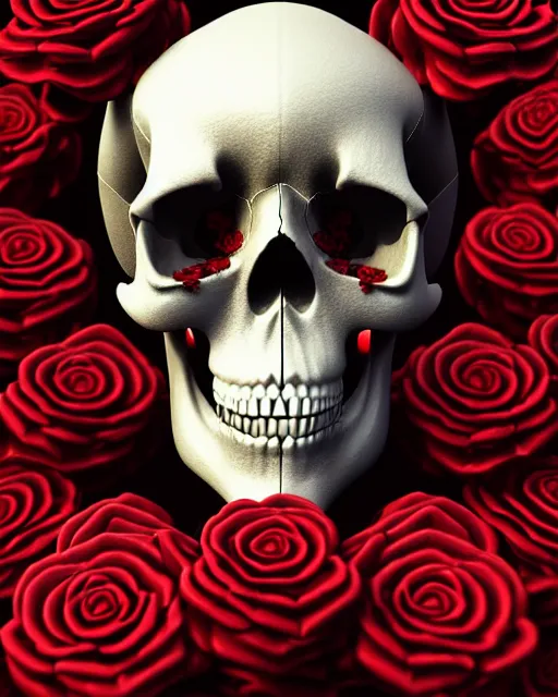 Image similar to detailed 3 d cycles render of a skull skeleton with red roses growing out of ribcage darkly elegant digital skull art by billelis and beeple