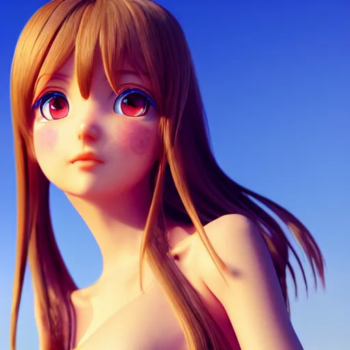 Image similar to render of a very beautiful 3d anime girl, long hair, hazel eyes, cute freckles, full round face, short smile, cute sundress, golden hour, serene beach setting, medium shot, mid-shot, highly detailed, trending on Artstation, Unreal Engine 4k