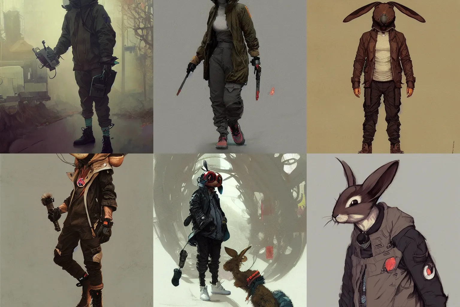 Prompt: anthropomorphic bunny rabbit character in techwear streetwear clothing. character illustration by greg rutkowski, thomas kindkade, alphonse mucha, loish, iconic design, norman rockwell. Trending on artstation.