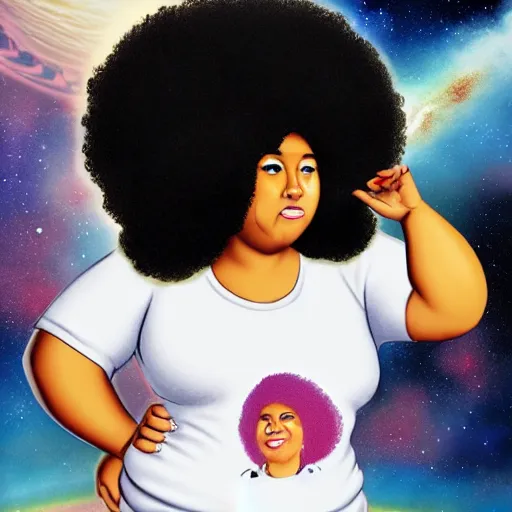 Prompt: mixed fat woman with an afro in space