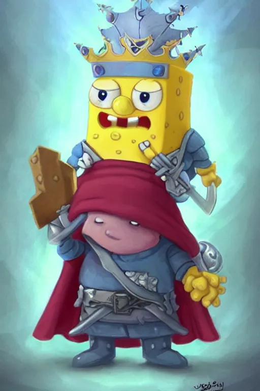 Prompt: cute little sponge bob knight wearing a cape and a crown, tiny, small, miniature bob sponge , baby animal, short, pale blue armor, cute and adorable, pretty, beautiful, DnD character art portrait, matte fantasy painting, DeviantArt Artstation, by Jason Felix by Jason Felix by Steve Argyle by Tyler Jacobson by Peter Mohrbacher, cinematic lighting