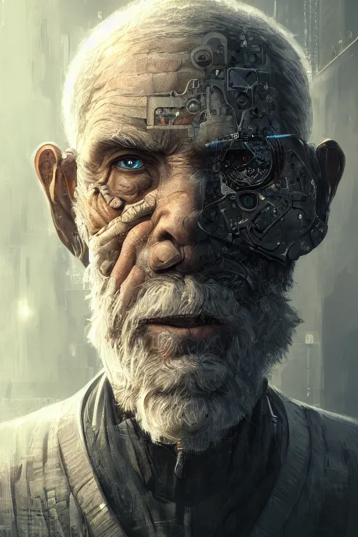 Image similar to Ultrarealistic illustration old man cyborg, cyberpunk, sci-fi fantasy,intricate,elegant,highly detailed, digital painting, artstation, concept art