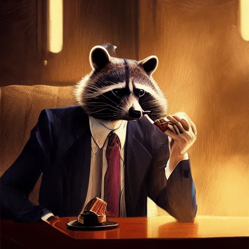 Image similar to a racoon wearing a suit smoking a cigar, dramatic lighting, cinematic, establishing shot, extremly high detail, photorealistic, cinematic lighting, artstation, style by James Gurney