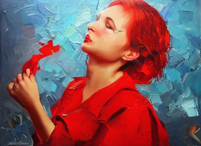 Image similar to inspirational red propaganda beautiful oil painting by Alexander Labas and Tatyana Yablonskaya and Viktor Tsvetkov