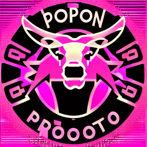 Image similar to logo for corporation called protoneo that involves deer head, symmetrical, retro pink synthwave style, retro sci fi