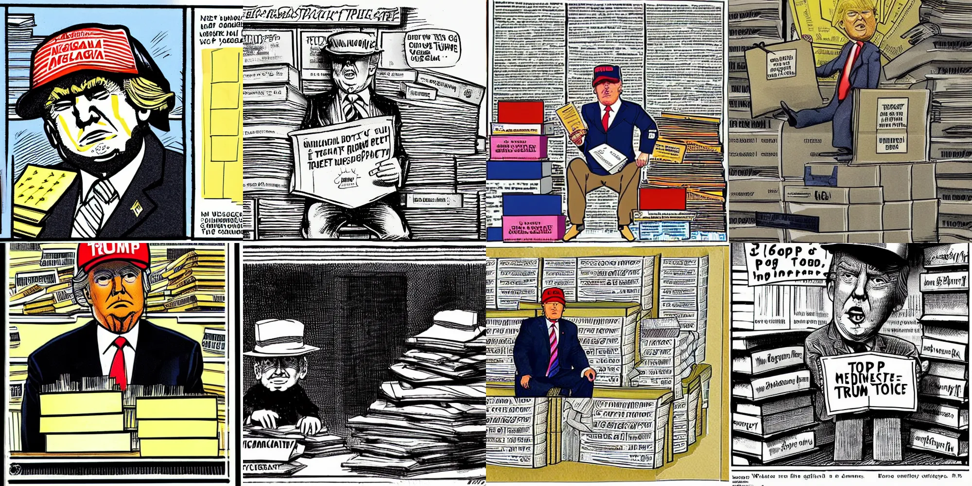 Prompt: trump in a maga hat, sitting on a pile of document boxes of top secret!!! nuclear documents, with yellowcake stamps, top secret, hand drawn political cartoon in us newspaper william hone and george cruickshank