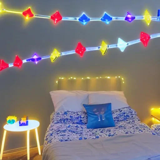 Prompt: a day trader named jay putting up nanoleaf lights in his bedroom