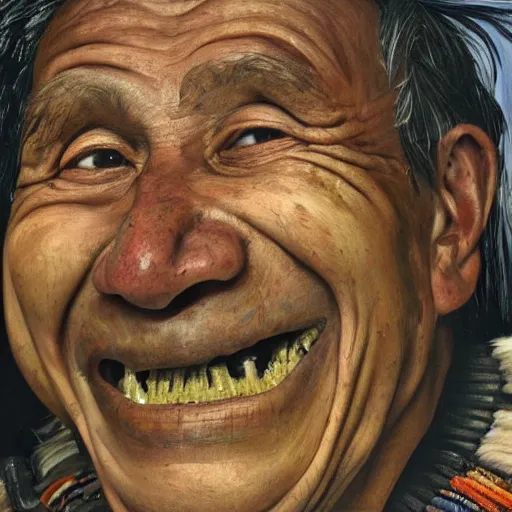 Prompt: high quality high detail painting by lucian freud, hd, portrait of a indigenous tribe leader laughing, photorealistic lighting