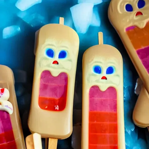 Image similar to close up menu of ice cream popsicles shaped like screaming chucky dolls on side of ice cream truck