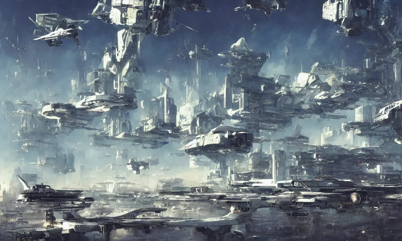 Image similar to gorgeous sci fi imagery | brutalist architecture | landing spot | space and city flying craft | futuristic | beautiful couple in the foreground heading to their hovering transport | futurism | modern couple | futuristic cityscape in the background | medium angle | by john berkey, greg rutkowski, james gurney
