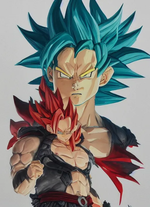 Image similar to semi reallistic gouache gesture painting, by yoshitaka amano, by Ruan Jia, by Conrad roset, by dofus online artists, detailed anime 3d render of gesture painting of Crono as a Super Saiyan, young Crono blond, Crono, Dragon Quest, Crono, goku, portrait, cgsociety, artstation, rococo mechanical, Digital reality, sf5 ink style, dieselpunk atmosphere, gesture drawn