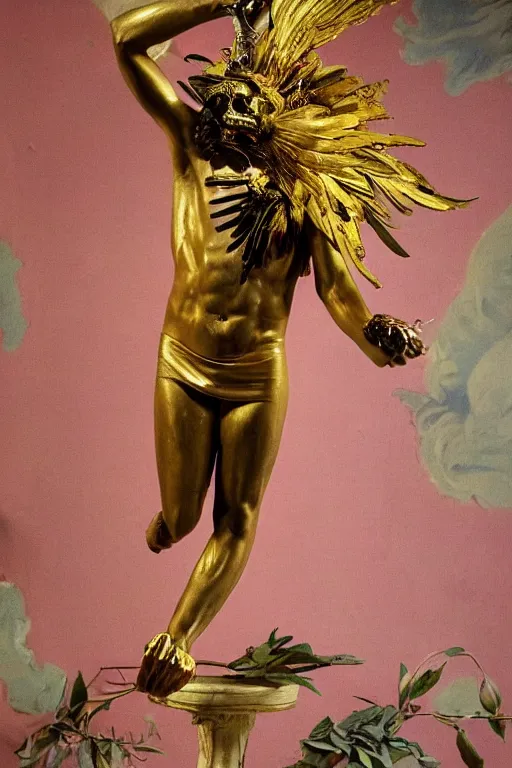 Image similar to Jean-Michel Basquiat as a full-body golden baroque statue of Icarus in the posing like a bird for flight, crown of peach roses, flowing pink-colored silk, fabric, flowers. baroque elements, human skull. full-length view. baroque element. intricate artwork by caravaggio. many many birds birds on background. Trending on artstation. halo. octane render, cinematic, hyper realism, octane render, 8k, depth of field, 3D