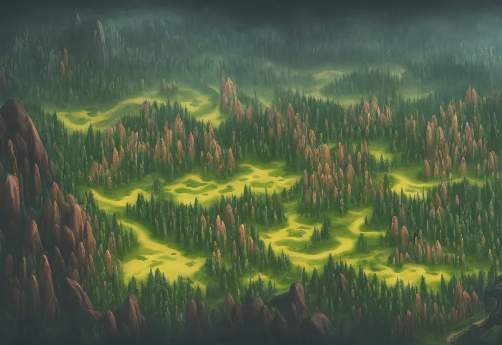 Image similar to blurry aerial view of the background of a forest that leads to a endless pit in the foreground, stylised painting, forest, medieval architecture, dynamic lighting, aesthetics, smooth, d & d, fantasy, asymmetrical, intricate, elegant, matte painting, illustration, hearthstone