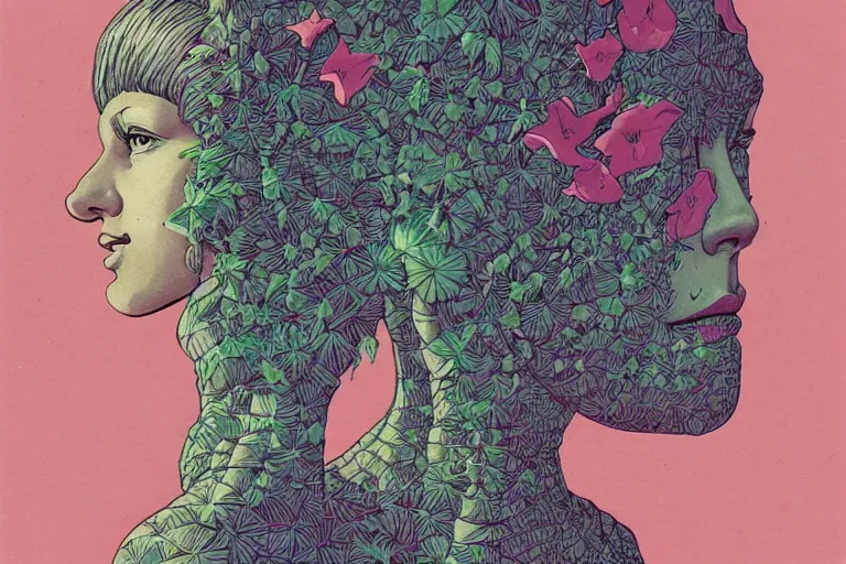 Prompt: gigantic woman head, a lot of exotic vegetation around, trees, flowers, risograph!, oldschool vintage sci - fi flat surreal design, super - detailed, fullshot, painting by moebius