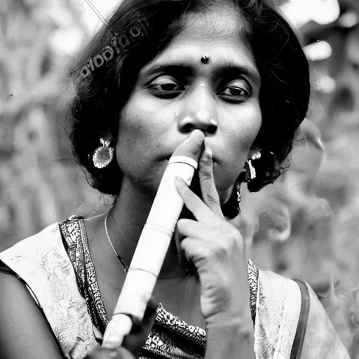 Prompt: portrait of a sri lankan woman smoking cigarette, vintage photo in 8 0's style