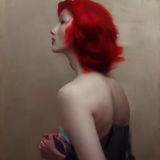 Image similar to the redhead vespa queen in hong kong, oil on canvas by ruan jia