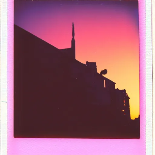 Image similar to low angle wide shot of busy Night Vale street, angels do not exist, sunset, polaroid photo, by Warhol,