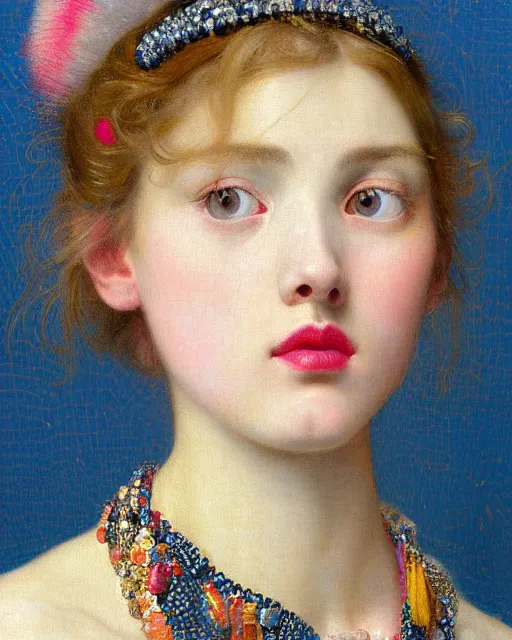 Image similar to a close up of beautiful cheerleader girl with pink lipstick wearing a multicoloured necklace surrounded by colourful intricate patterns, by edgar maxence and caravaggio and michael whelan, intricate painting, hyper realistic, extremely detailed and beautiful aesthetic face, 8 k resolution