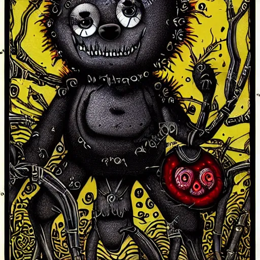 Prompt: dark art cartoon grunge drawing of a teddy bear made of spiders playing with toys with bloody eyes by tim burton - loony toons style, horror theme, detailed, elegant, intricate, trending on art station