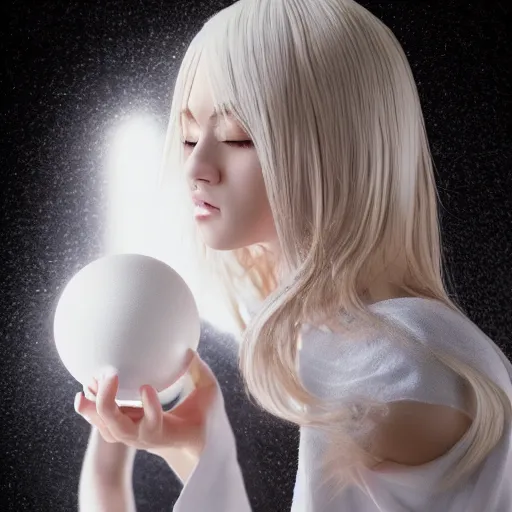 Prompt: Hyper realistic render of Beautiful anime blonde girl in white minimalistic clothes juggles three spheres made of water, white minimalistic background, professional photo, everything is in balance, award winning, Artstation, intricate details, realistic, Hyperdetailed, 8k resolution