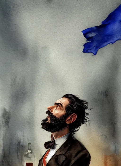 Image similar to portrait, a handsome small Frenchman with beard and long black hair toasting with whiskey, French flag in the background, watercolor, dramatic lighting, cinematic, establishing shot, extremely high detail, foto realistic, cinematic lighting, digital art, by Yoshitaka Amano, Ruan Jia, Kentaro Miura, Artgerm, post processed, concept art, artstation, matte painting, style by eddie mendoza, raphael lacoste, alex ross