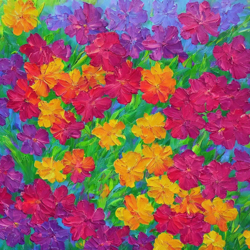 Image similar to large different coloured blossoms painted in 2 inch thick!!! impasto shiny dripping oil paint