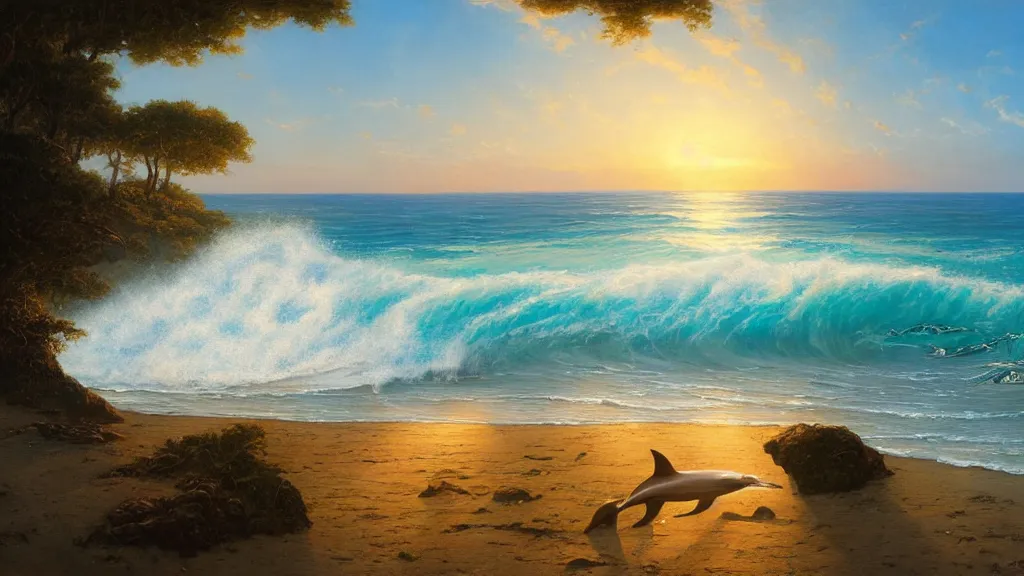 Image similar to first person view of breaking waves on the shore, summer, clear beautiful sky, bright sky, dolphins dolphin swimming, peaceful, amazing, by andreas rocha and john howe, and Martin Johnson Heade, featured on artstation, featured on behance, golden ratio, ultrawide angle, f32, well composed