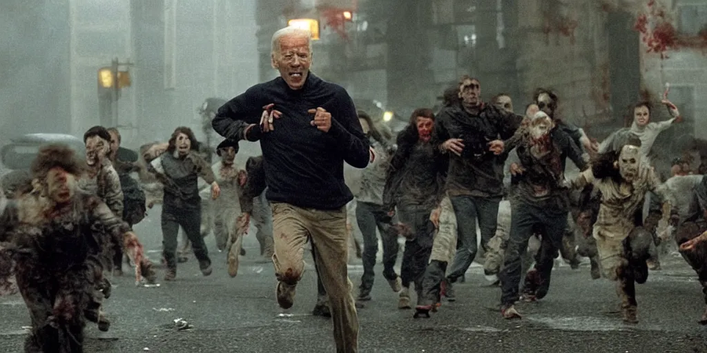 Image similar to movie still of joe biden running away from a hoard of infected zombies in the movie 2 8 days later, detailed, real, cinematic