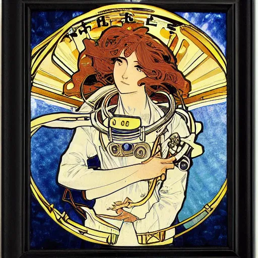 Image similar to anime manga astronaut skull portrait by Alphonse Mucha art nouveau