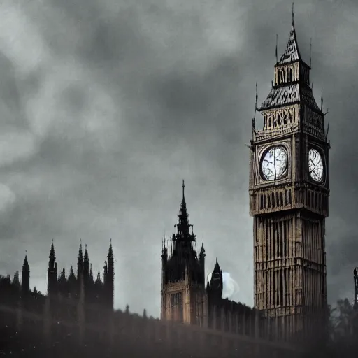 Prompt: A witch wearing a hat sitting on a broom stick and flying high in the sky,the Big Ben is in background,gloomy lighting,creepy atmosphere,digital art , highly detailed , high contrast, beautiful lighting, award winning , trending on art station, 8k, photo realistic