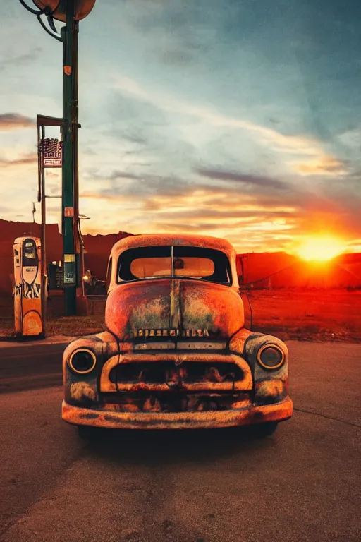 Image similar to a sunset light landscape with historical route 6 6, lots of sparkling details and sun ray ’ s, blinding backlight, smoke, volumetric lighting, colorful, octane, 3 5 mm, abandoned gas station, old rusty pickup - truck, beautiful epic colored reflections, very colorful heavenly, softlight