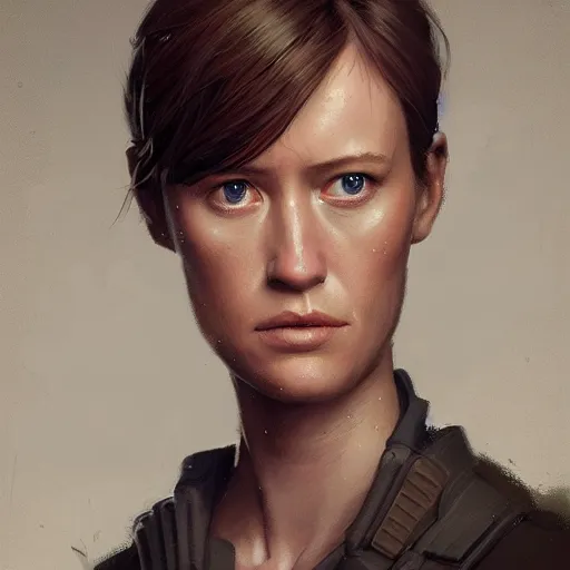 Prompt: portrait of a woman by greg rutkowski, she looks like mackenzie davis, impeccable military composure, wearing tactical gear of the galactic alliance, star wars expanded universe, she is about 6 0 years old, highly detailed portrait, digital painting, artstation, concept art, smooth, sharp foccus ilustration, artstation hq