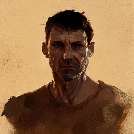 Prompt: Portrait of a man by Greg Rutkowski, he is about 40 years old, southern slav features, messy brown short hair, strong and tall, tired expression, he is wearing a black tank top, highly detailed portrait, scifi, digital painting, artstation, concept art, smooth, sharp foccus ilustration, Artstation HQ.