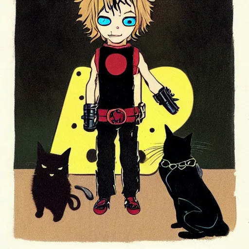 Image similar to a teenage boy with shaggy blond hair dressed as a black cat themed superhero. With cat ears, a tail, and a bell at his neck. Norman Rockwell, Ashley wood.