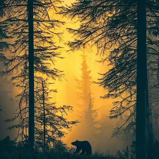 Image similar to lone bear in a forest on fire, dramatic lighting, night, realistic,