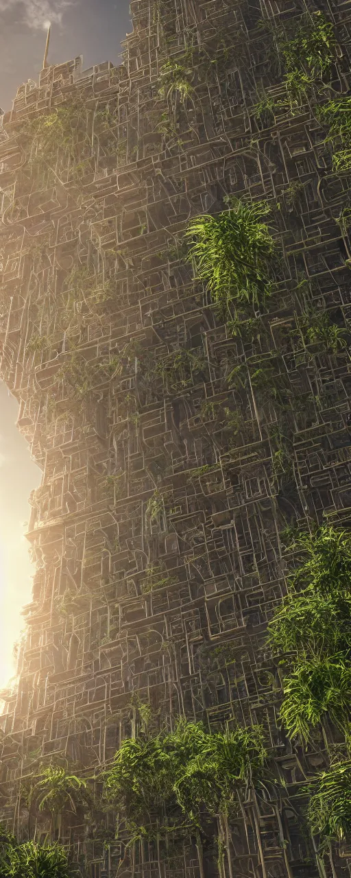 Image similar to solarpunk style, eye level view of a contemporary tower, golden intricate details, stone facade, sacred architecture, hanging gardens, cascading highrise, arid mountains with lush palm forest, photorealistic, sunlight, 8 k, post - production, octane, cgi, sfx