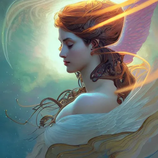 Prompt: a female angel floating in cosmos, intricate, highly detailed, digital painting, artstation, concept art, smooth, sharp focus, illustration, unreal engine 5, 8 k, art by artgerm and greg rutkowski and alphonse mucha