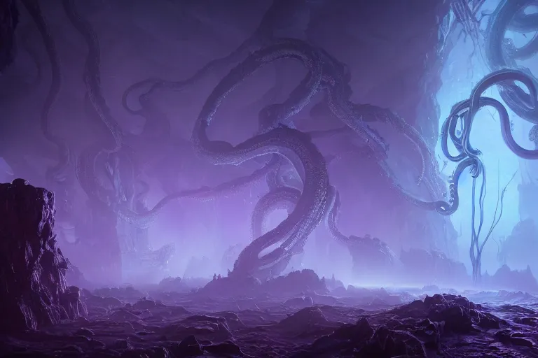 Prompt: Eldritch Organic castle of The Void made of eyeballs and tentacles, Purple and Blue colored, 4k, masterpiece, cinematic, glowing, by Greg Rutkowski, Trending on Artstation, Behance. Polished, Volumetric Lighting